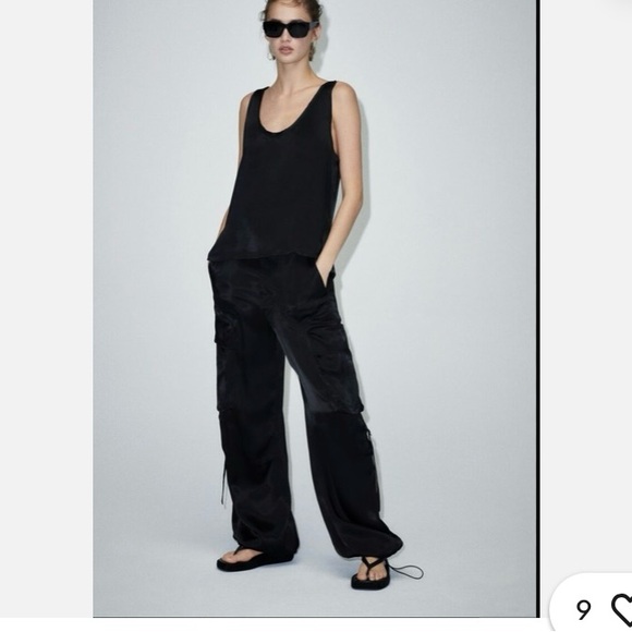 Zara Black Satin Cargo Pants Sz XS - Picture 2 of 9